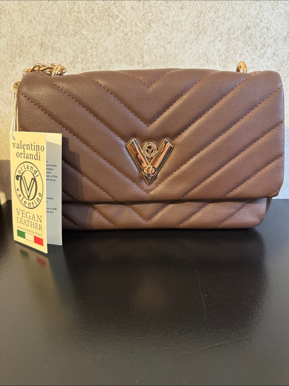 Valentino Orlandi Quilted Crossbody Bag in Mocha Brown with Gold Hardware